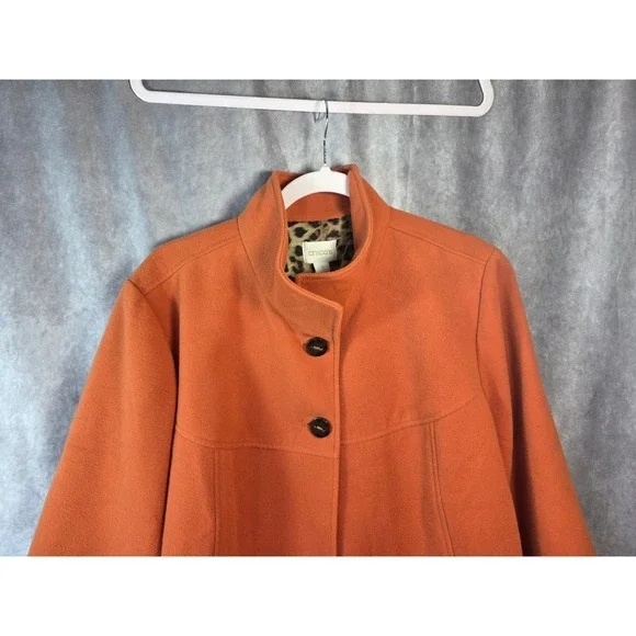 Chicos Orange Wool Blend Swing Coat Leopard Print Lining Mock Neck Womens Size 3 - Picture 2 of 8